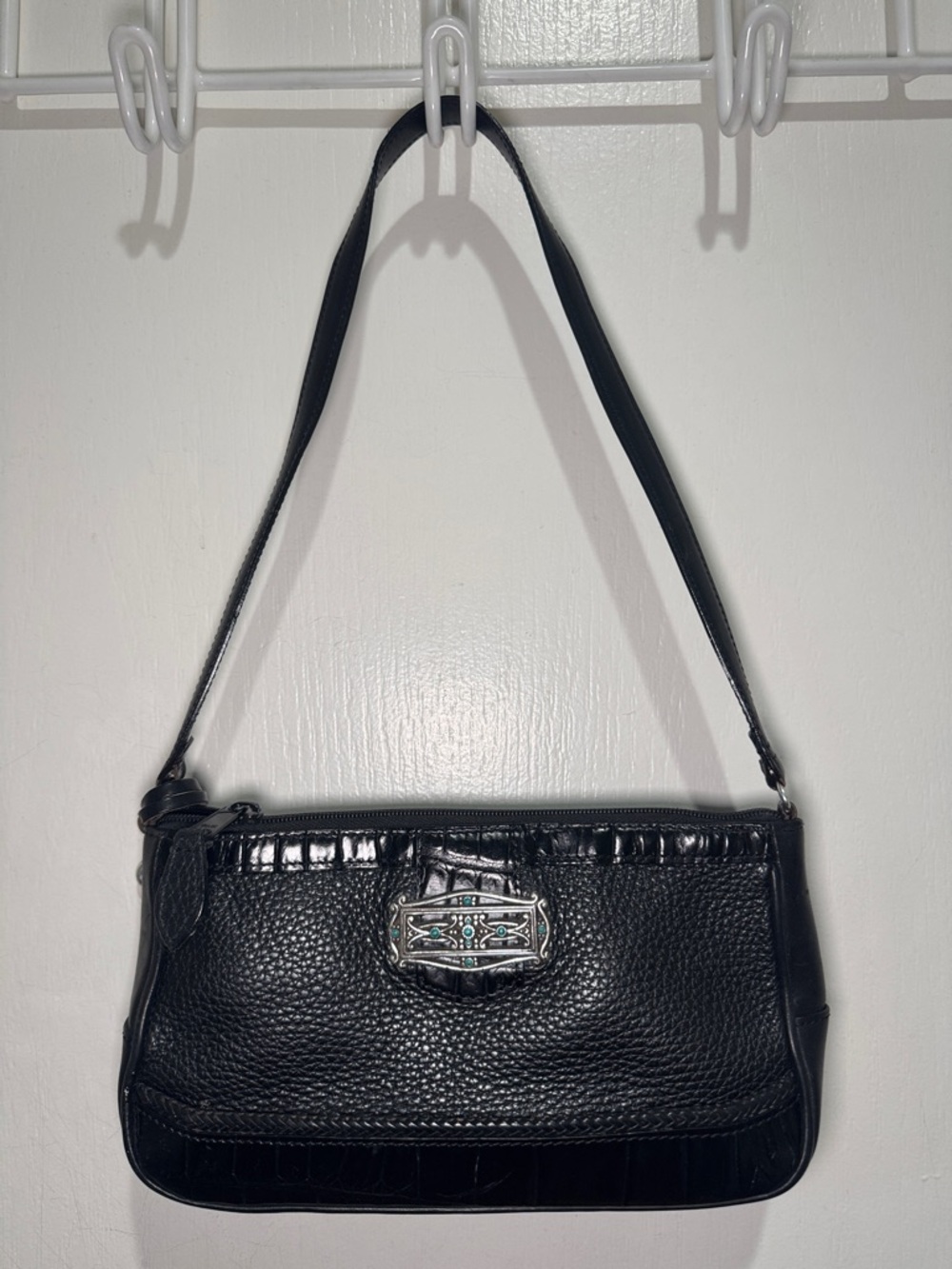 BRIGHTON Small Shoulder Bag Black Pebbled & Croc Embossed Leather $120 EUC KL